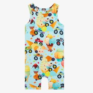 Posh Peanut Racerback Short Length Romper - Monster Trucks